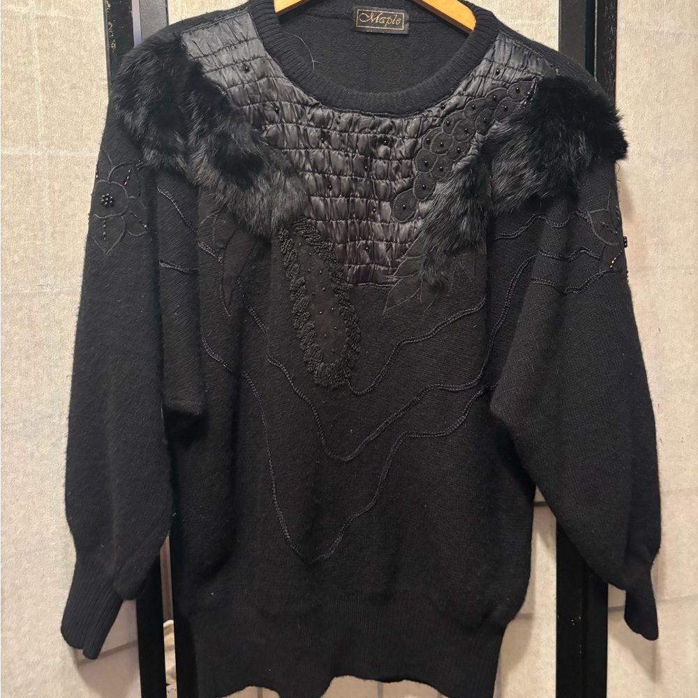 MAPLE Vintage Lambswool Angora Beaded Embroidered Quilted BatWing Sleeve Sweater